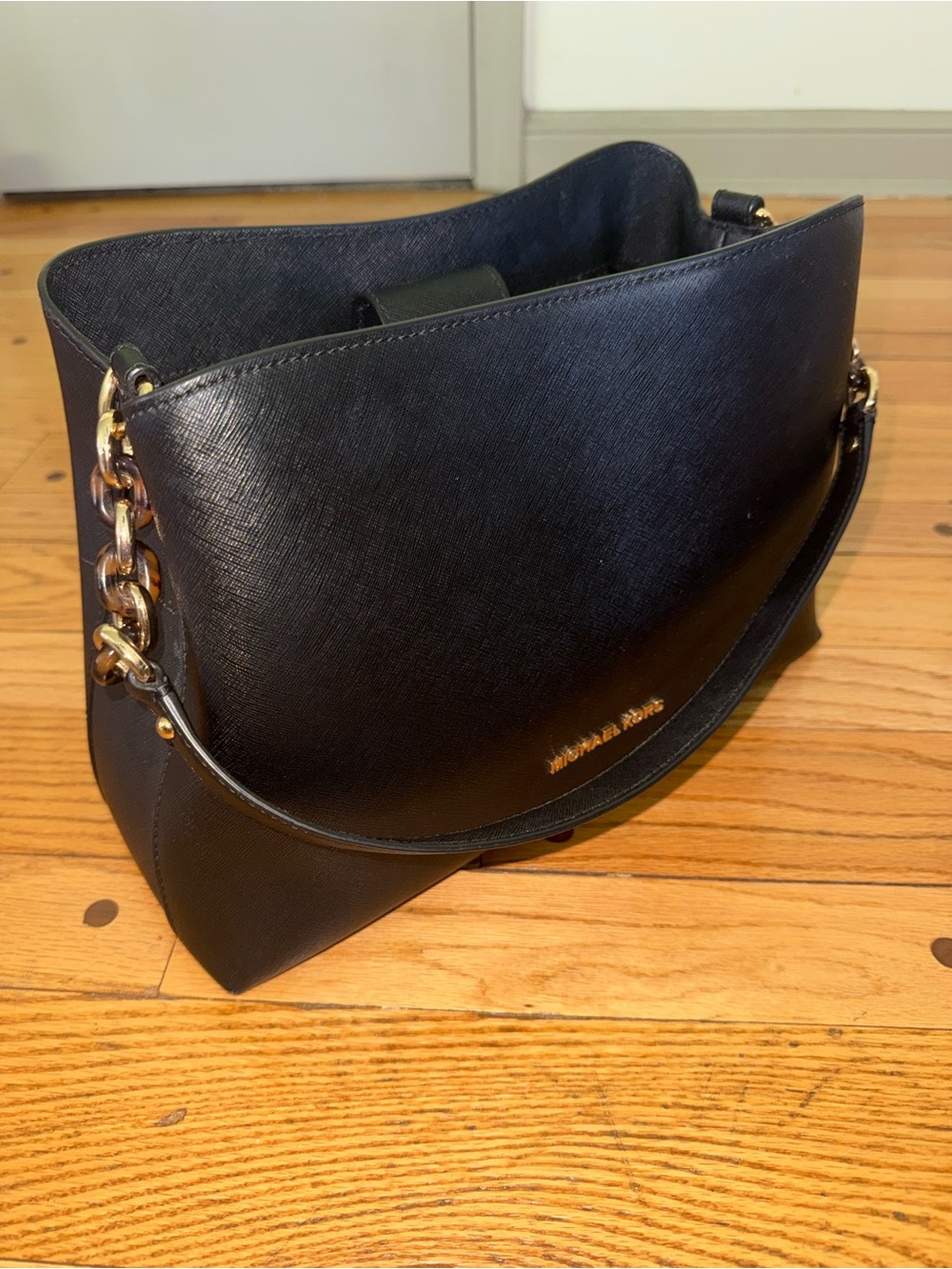 Michael Kors Black Leather Shoulder Hobo with Gold Chain Trim